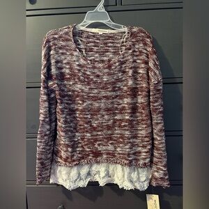 Rewind Women's Maroon Sweater with Lace Hem